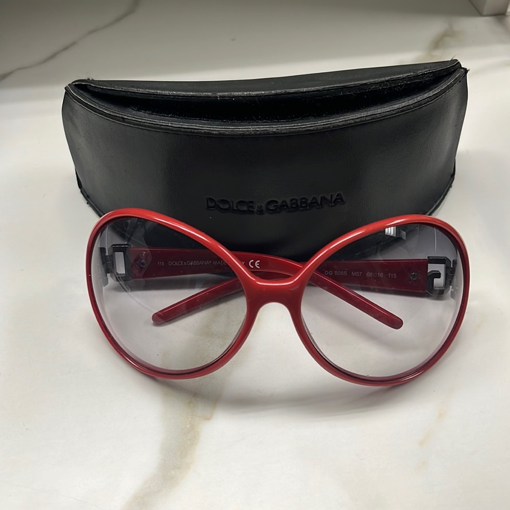 Dolce & Gabbana oversized red sunglasses with crystal DG sides in case